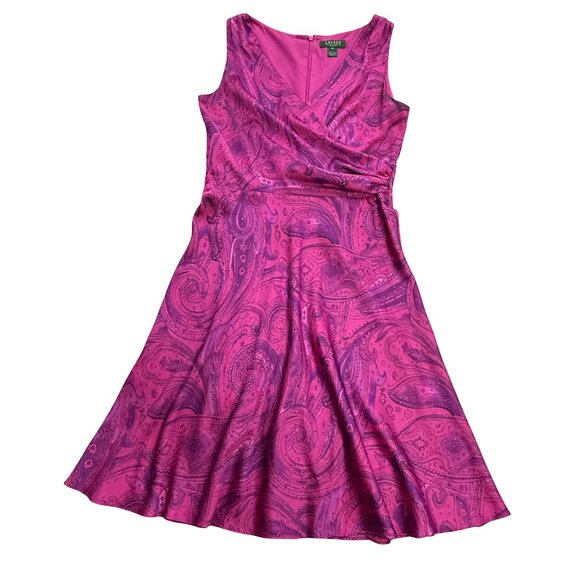 Ralph Lauren Dress Size 10 Pink Fuchsia Paisley Sleeveless A-Line Surplice Midi - Picture 1 of 10